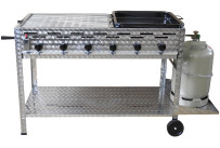 Profi-Gasgrill 6 flammig, fahrbar, mit 3/5 Rost und 2/5 Pfanne