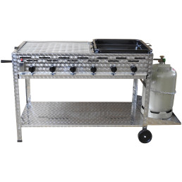 Profi-Gasgrill 6 flammig, fahrbar, mit 3/5 Rost und 2/5 Pfanne